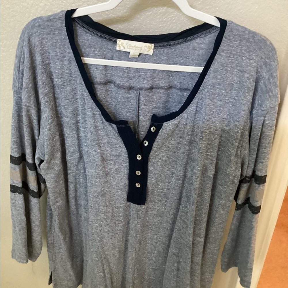 Notations Gray Buttoned Polo Blouse with 3/4 Sleeves